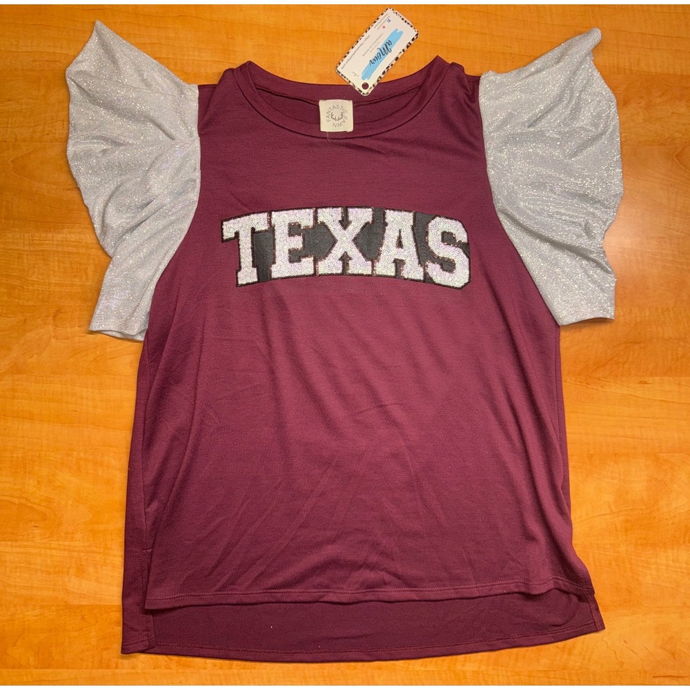 Fantastic Fawn Texas Sequin Graphic Top Maroon Silver Glitter Flutter Sleeve M